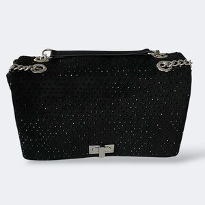Black SPARKLING Shimmer Soft Flap Shoulder Crossbody Bag Silver Turn-Lock Chain